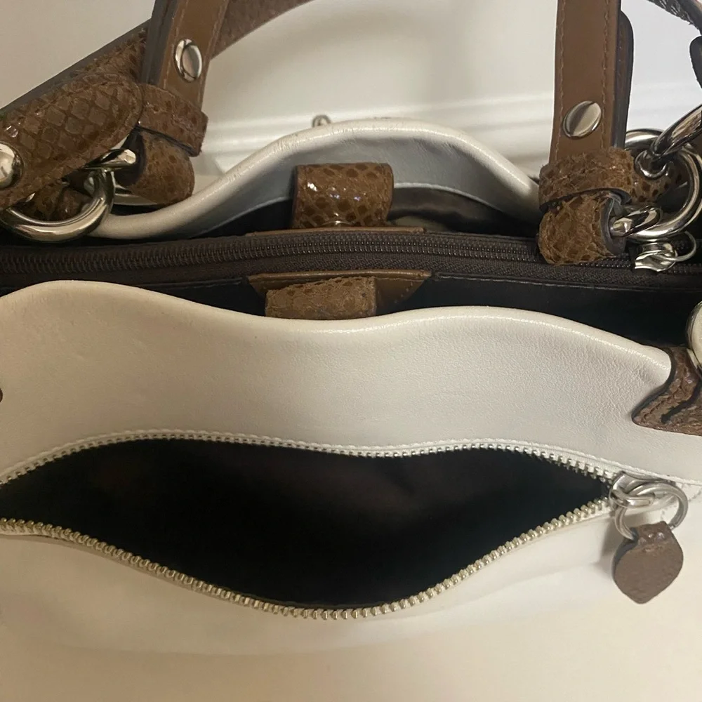 Coach Cream Leather Bag with Brown snake print handles and trims
